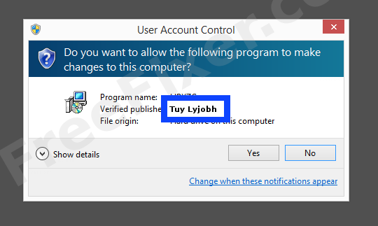 Screenshot where Tuy Lyjobh appears as the verified publisher in the UAC dialog